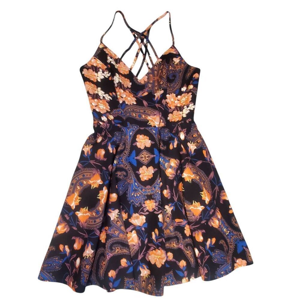 Women Bebe X Naven Black Floral Print Polyester Lined Cross Zip Back Dress Size - Picture 6 of 11